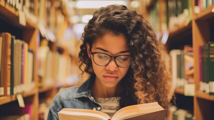 Teenage girl wearing glasses concentrated reading book in library with bookshelves background, education concept featuring natural lighting and quiet study atmosphere, shallow depth of field
