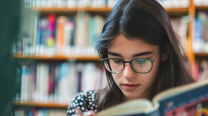 Teenage girl wearing glasses concentrated reading book in library with bookshelves background, education concept featuring natural lighting and quiet study atmosphere, shallow depth of field