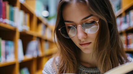 Teenage girl wearing glasses concentrated reading book in library with bookshelves background, education concept featuring natural lighting and quiet study atmosphere, shallow depth of field