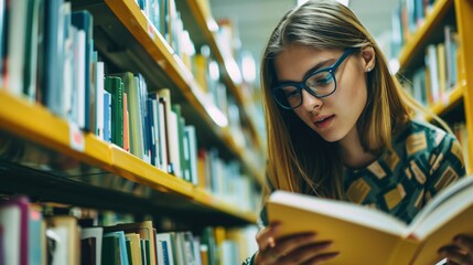 Teenage girl wearing glasses concentrated reading book in library with bookshelves background, education concept featuring natural lighting and quiet study atmosphere, shallow depth of field