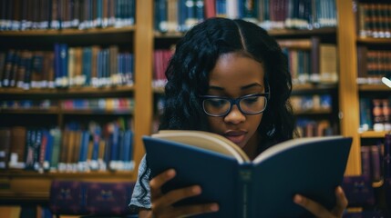 Teenage girl wearing glasses concentrated reading book in library with bookshelves background, education concept featuring natural lighting and quiet study atmosphere, shallow depth of field