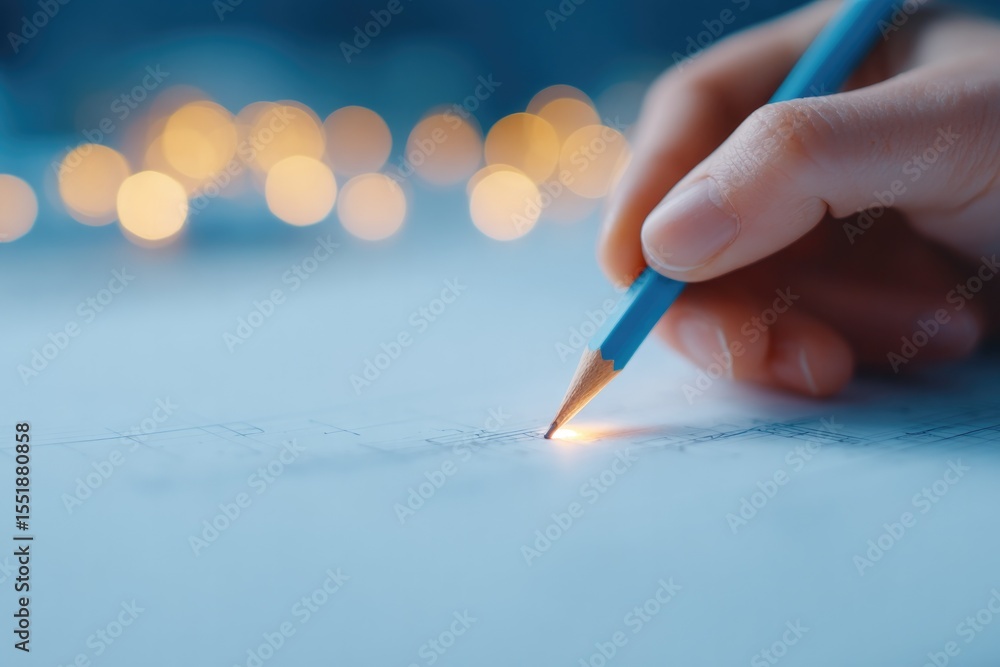 Poster close-up of architect hand sketching curved building section on tracing paper under lamp glow