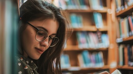 Teenage girl wearing glasses concentrated reading book in library with bookshelves background, education concept featuring natural lighting and quiet study atmosphere, shallow depth of field