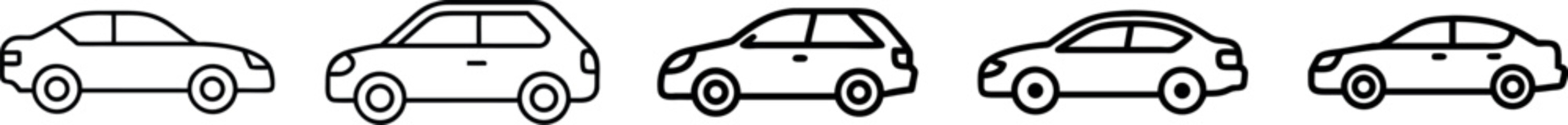 Set of Car Icons – Black Outline Compact Hatchback, Sedan, and Small Vehicle Symbols for Apps and Websites

