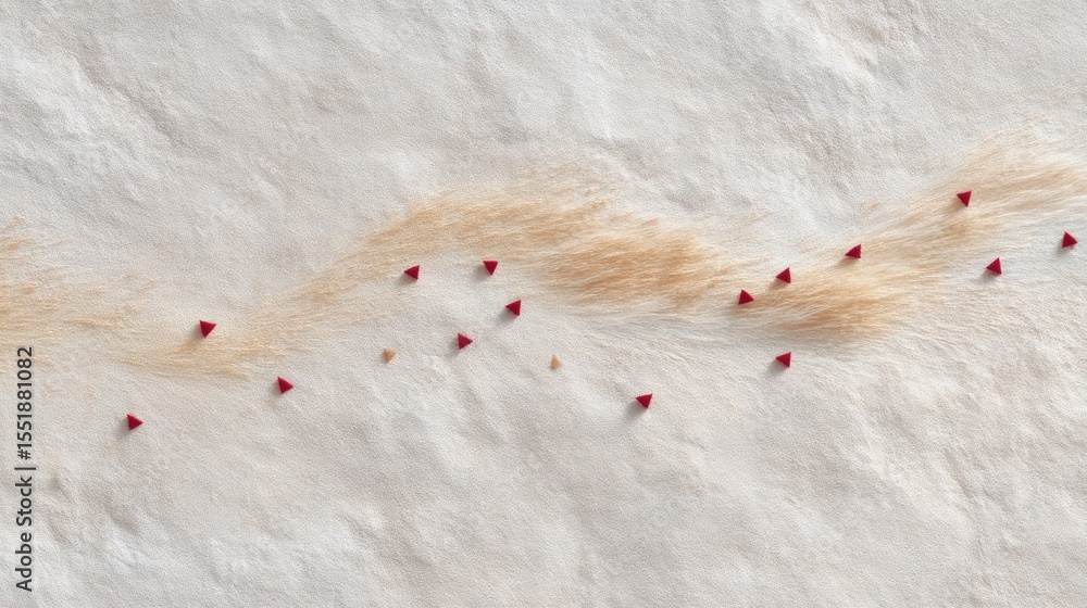 Poster abstract beige surface with red dots and a curved line