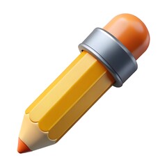 Stylized yellow pencil with orange eraser and silver ferrule isolated on white background