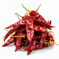 A vibrant heap of sun-dried red chili peppers, displaying a textured surface on white background