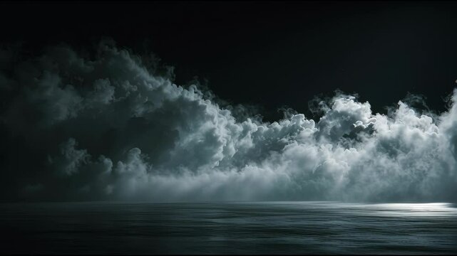 A thick layer of white fog hovers just above the still water, creating a surreal and tranquil environment during the twilight hours. The muted colors add to the quiet ambiance
