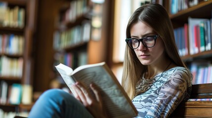 Teenage girl wearing glasses concentrated reading book in library with bookshelves background, education concept featuring natural lighting and quiet study atmosphere, shallow depth of field