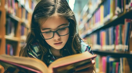 Teenage girl wearing glasses concentrated reading book in library with bookshelves background, education concept featuring natural lighting and quiet study atmosphere, shallow depth of field