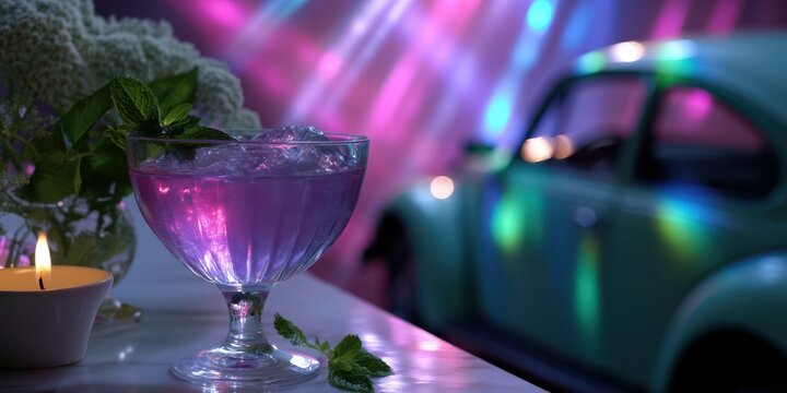 Colorful cocktail in a stylish setting featuring a vintage car and vibrant lights - Powered by Adobe
