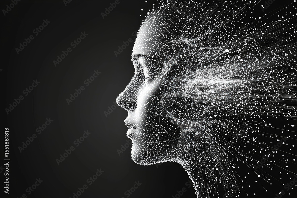 Aufkleber Futuristic face formed by glowing white particles and lines symbolizing artificial intelligence and data flow, perfect for AI visuals, tech branding, and innovation content