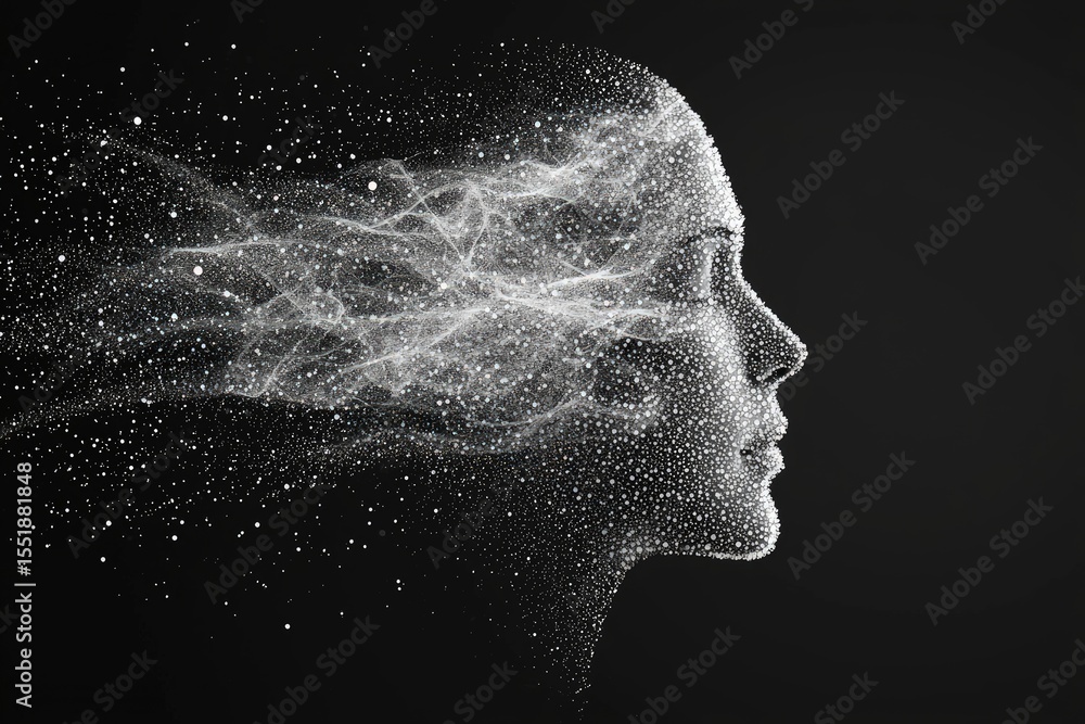 Poster Conceptual digital face dissolving into glowing particles and lines, symbolizing artificial intelligence and data flow, ideal for tech concepts, AI branding, and innovation topics