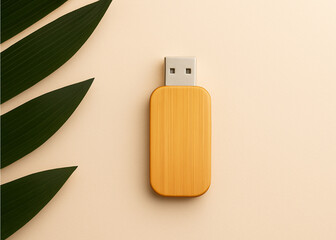 Wooden USB Flash Drive Mockup on Beige Background with Tropical Leaves