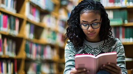 Teenage girl wearing glasses concentrated reading book in library with bookshelves background, education concept featuring natural lighting and quiet study atmosphere, shallow depth of field