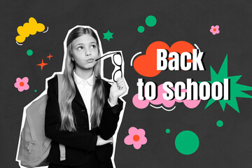 Sketch image trend artwork montage 3D photo collage of back to school young girl hold eyewear think...