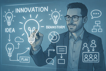 Man in suit pointing at innovation diagram with lightbulbs and brainstorm concept on a blue screen