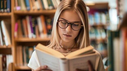 Teenage girl wearing glasses concentrated reading book in library with bookshelves background, education concept featuring natural lighting and quiet study atmosphere, shallow depth of field