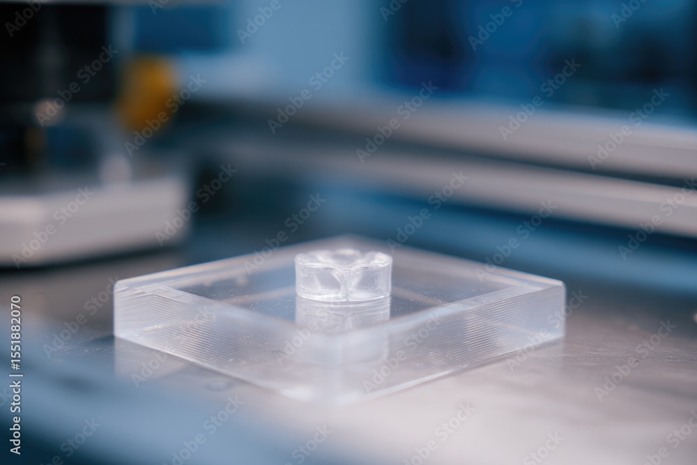 Poster close-up of cellular cartilage printed by 3d bioprinter resting on transparent platform