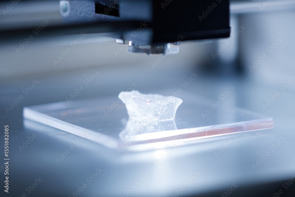 Poster close-up of cellular cartilage printed by 3d bioprinter resting on transparent platform