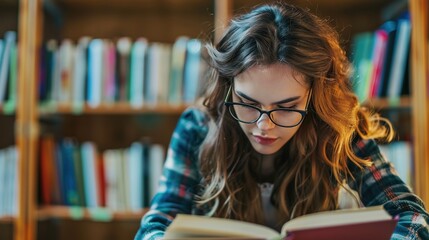 Teenage girl wearing glasses concentrated reading book in library with bookshelves background, education concept featuring natural lighting and quiet study atmosphere, shallow depth of field