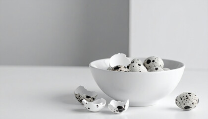 Quail egg bowl with speckled eggs and broken eggshells on white surface, monochrome still life with clean space and soft lighting creating calm and minimalistic atmosphere