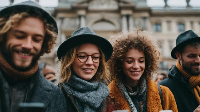 Diverse Group of Young Adults Using Smartphones Outdoors in Autumn, Smiling and Engaged, Wearing Stylish Coats and Hats, City Building Background.