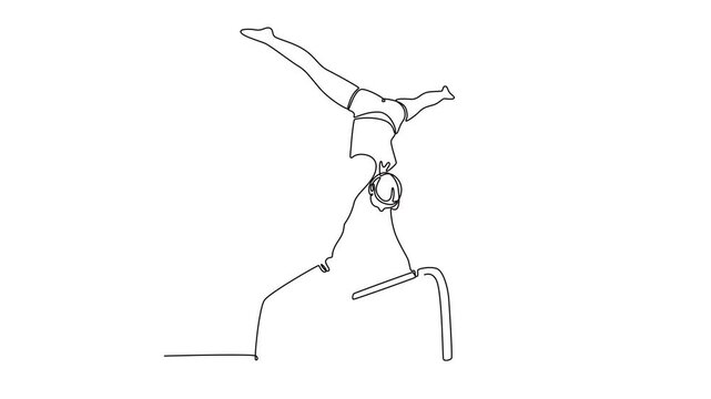 Animated self drawing of continuous line draw female gymnast performing on parallel bars competition gymnastics. Fit young girl athlete doing complicated exciting trick. Full length one line animation