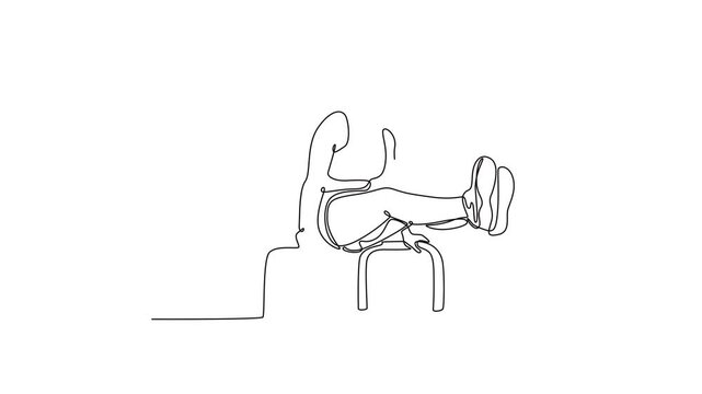 Animated self drawing of continuous line draw muscular young girl doing calisthenics on parallel bars indoor. Athlete practicing balance and power. Healthy lifestyle. Full length single line animation