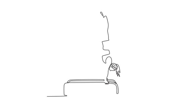 Animated self drawing of continuous line draw woman athlete gymnast doing handstand on parallel bars competition artistic gymnastic. Young girl perform acrobatic motion. Full length one line animation