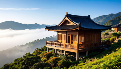 Traditional wooden Asian house on hilltop with tiled roof overlooking foggy countryside and green mountains under clear blue sky, creating peaceful and serene atmosphere