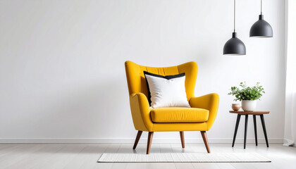 Yellow chair white pillow black pillow wooden legs side table green plant white pot pendant light modern interior bright room