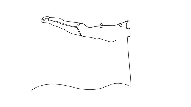 Self drawing animation of single line draw female athlete doing complicated exciting trick on uneven bars in professional gym. Young girl perform stunt in arena. Continuous line. Full length animated