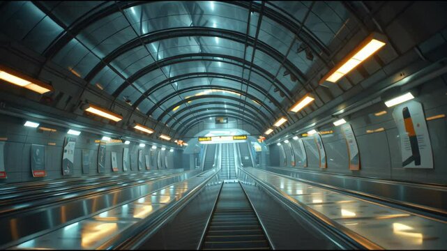 Entering a metro station, viewers experience a long descent into the underground. The sleek architecture and lighting create a modern and inviting atmosphere for commuters