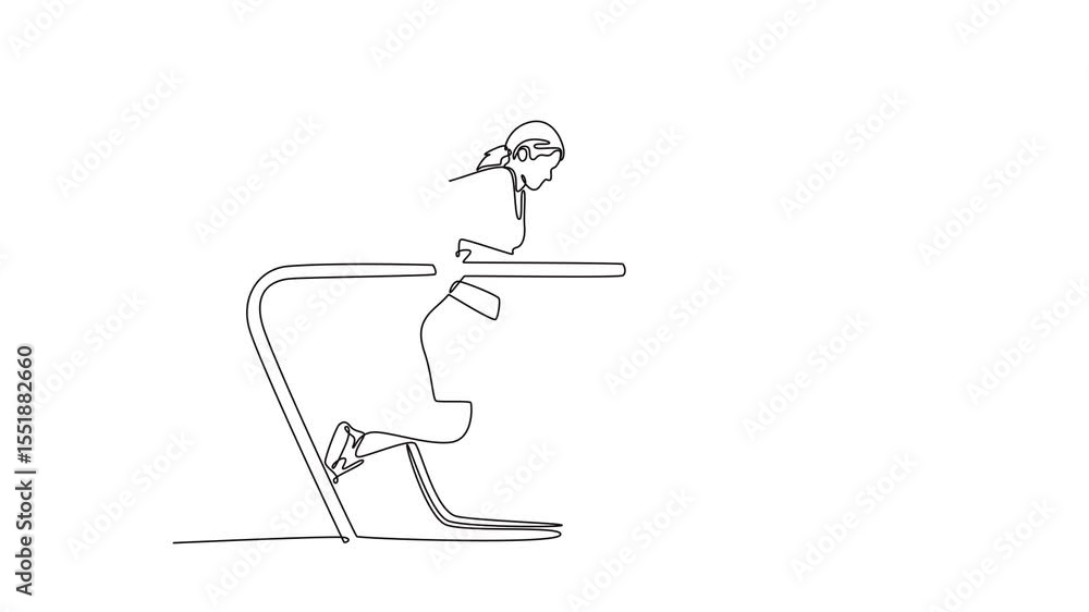 Poster animated self drawing of continuous line draw professional female gymnast doing strength and balanci