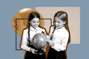 Contemporary artwork collage of two happy friends classmates hold globe earth plasticine figure...