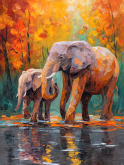 Elephant wiyj calf,impasto oil painting