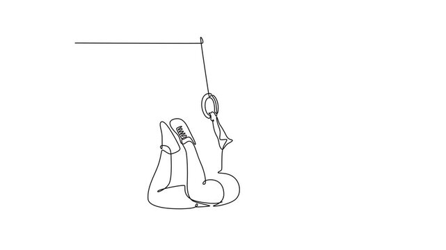Animated self drawing of continuous line draw beautiful female gymnast swinging on gymnastic rings while doing muscle up exercise during calisthenics workout in gym. Full length single line animation