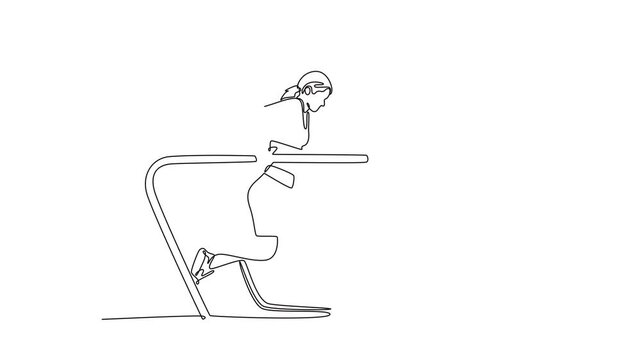 Animated self drawing of continuous line draw professional female gymnast doing strength and balancing exercise on parallel bars in championship gymnastics artistic. Full length single line animation