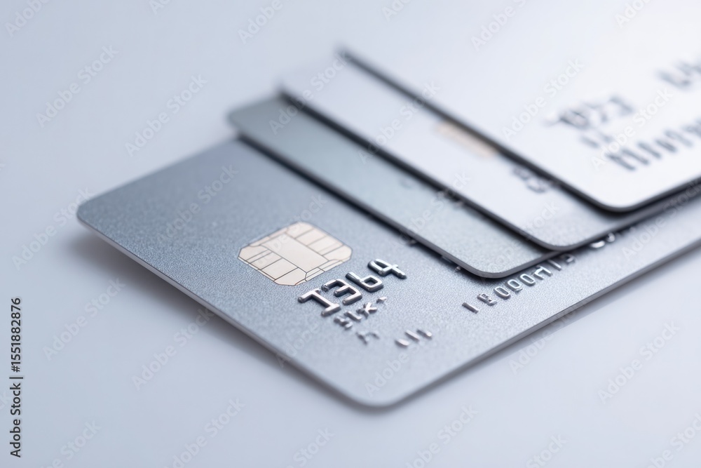 Poster close-up of credit and debit cards arranged diagonal on clean minimalistic background with ample cop