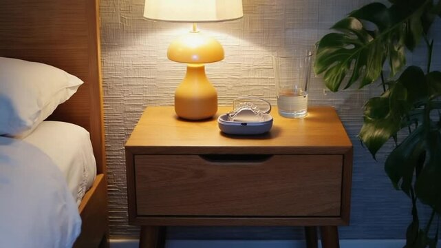 A cozy bedside table with a wooden finish, a yellow lamp, a glass of water, and a plant. The setting is warm and inviting, perfect for a bedroom..