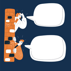 Cartoon vector illustration of two people spying from both sides of a wall with empty speech bubble as concept of secrecy and curiosity against dark background