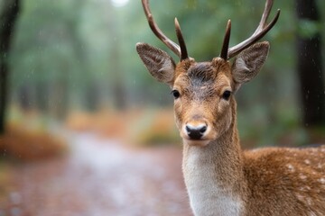 Obraz premium close-up of deer walking across leaf-strewn path after drizzle soft rain still falling