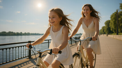 Smiling mother and daughter riding bicycles along riverside path on a sunny summer day, both wearing light dresses. Family joy and outdoor freedom. Peaceful moment.