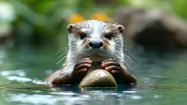 A playful otter floating on its back in a serene river surrounded by lush greenery