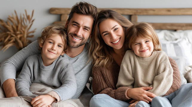 Happy family with two children smiling and cuddling together on a cozy bed at home. Parents and kids enjoying warm bonding time. Love and togetherness.