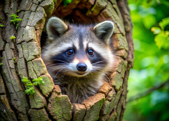 Fototapeta premium raccoon peeking out from a hollow tree in the forest, curious expression generative ai