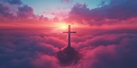 Sunset casts a serene glow over a solitary cross amidst clouds in a tranquil sky