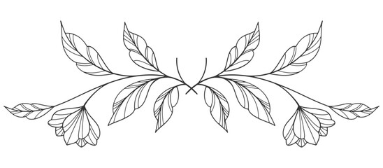 floral leaves line art isolated on white background. Divider doodle leaf and flowers, nature border decorative element vector illustration
