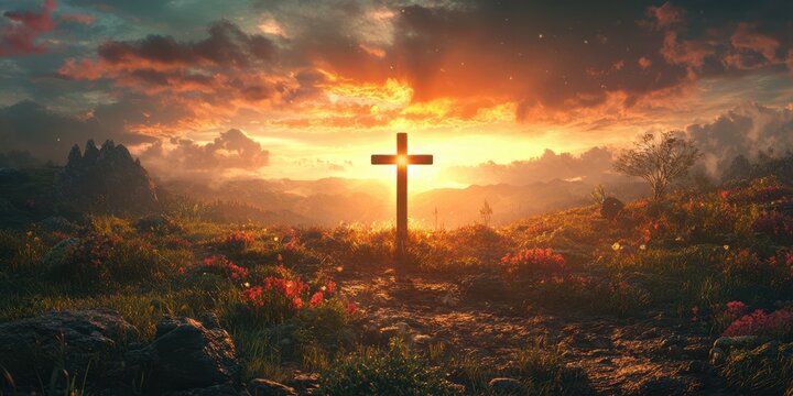Sunset illuminating a cross in a serene landscape with colorful flowers and mountains in the background